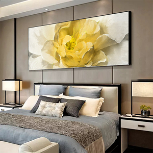 金色牡丹横版主卧室床头手绘油画客厅沙背景墙轻奢高级感挂画艺术