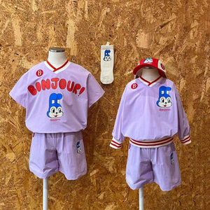 速干面料 韩国ins童装春夏男女童兔子紫色V领长袖短袖T恤儿童短裤