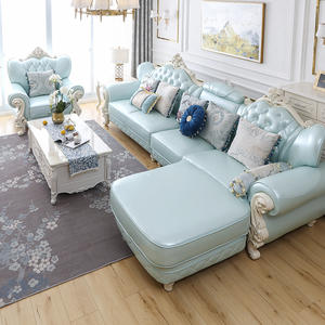 全友家居欧式沙发组合客厅整装奢华小户型家用实木雕花皮艺沙发简