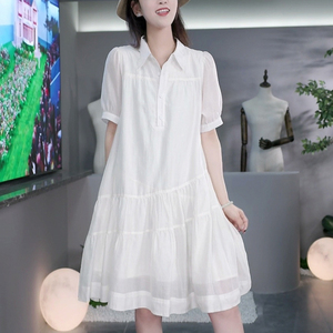 小香风雪纺连衣裙女夏季新款高端气质宽松遮肚子显瘦法式白色裙子