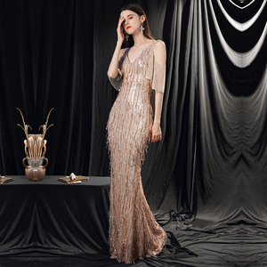 高端大气晚礼服裙女2021新款宴会奢华气质重工鱼尾长款年会主持人
