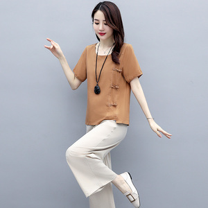 棉麻套装女夏装2020年新款女装气质休闲时尚阔腿裤亚麻夏天两件套
