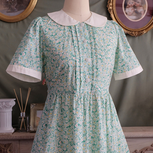 着时间手工制复古英国少女碎花laura短袖元宝领80年代绿粉连衣裙