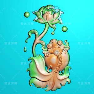 jy150 金鱼花头年年有余荷花鱼如意玉雕图浮雕图精雕图jdp