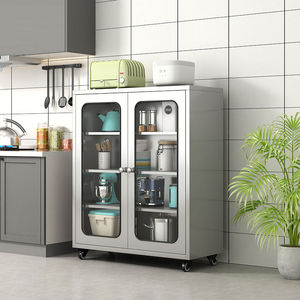 不锈钢餐具柜厨房食堂置物碗柜家用储物柜玻璃门厨柜带轮移动矮柜