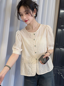 韩系短款圆领衬衫女夏季短袖蕾丝镂空重工刺绣设计感小众开衫上衣