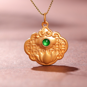 【现货】温润阳美黄金如意莲花项链翡翠吊坠18k金镶嵌女转运礼物