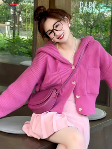 玫粉色短款针织开衫外套女2023秋冬新款洋气宽松长袖外穿连帽毛衣