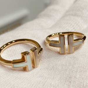 t家 双t戒指白贝母食指女时尚个性t字纯银玫瑰金t形开口镶钻轻奢