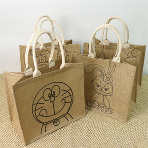 印花托特包亚麻手绘图案麻布袋子大容量旅行单肩包防水可爱棉麻袋