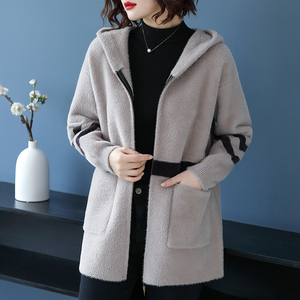 连帽外套女针织中长款2021新款秋冬大码胖mm仿貂毛水貂绒毛衣开衫