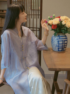 禅意中式女装中国风淑女气质上衣别致绝美紫色盘扣衬衫长款防晒衫