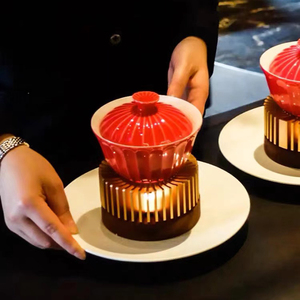 新中式陶瓷餐具红色盖碗小炖盅带盖酒店会所餐厅蜡烛加热位上汤盅