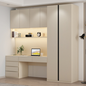 现代极简书桌衣柜一体桌简约衣橱电脑桌组合书架电脑桌书房可定制