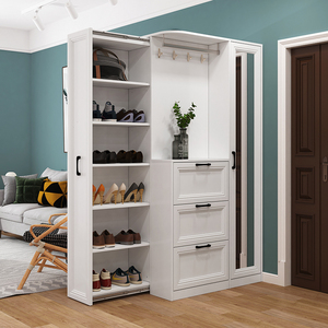 简约现代多功能门厅柜翻斗鞋柜进门镜子角柜衣帽架柜抽拉式玄关柜