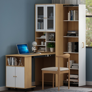 折叠书桌书柜组合一体电脑桌书房储物书架家用学生实木伸缩写字台