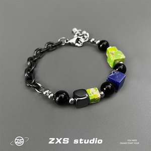 ZXS潮流彩色方块珍珠钛钢拼接手链男女ins轻奢风高级感嘻哈手饰品