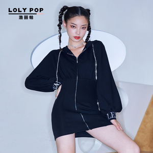 洛丽帕lolypop女装拉链连帽休闲裙2020秋装新款时尚长袖高腰裙子