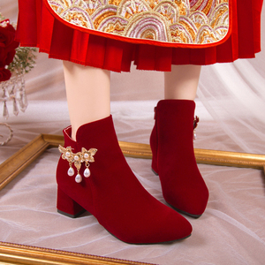 秋冬婚鞋女2023新款粗跟结婚新娘鞋靴子中式秀禾服红色高跟鞋短靴