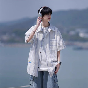 日系cityboy蓝色条纹短袖衬衫男款高级感翻领衬衣夏季少年感外套