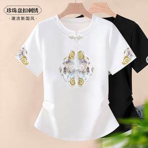 中式国风盘扣T恤女白色短袖2024新款女装重工设计感小众收腰上衣