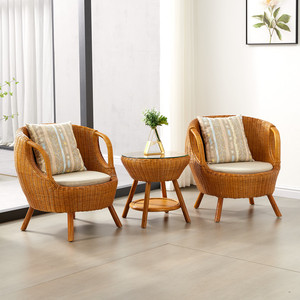 藤椅三件套阳台印尼藤纯手工编制网红藤休闲椅真藤轻奢休闲靠背椅