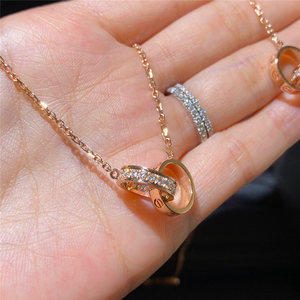 cartier/卡地亚 18k玫瑰金 love 满钻双环项链 圆环镶钻锁骨链 女