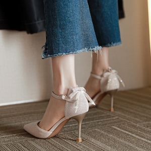 礼服高跟鞋女2022年新款春秋季渐变仙女风一字式扣带中空配裙凉鞋