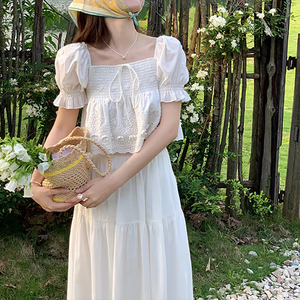 法式温柔系炸街奶乖泡泡袖白色短款上衣半身长裙子两件套装女夏季