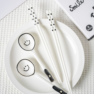 家用双人勺筷子套装陶瓷长柄勺子两人食可爱微笑情侣餐具节日礼品