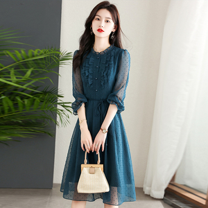 雪纺碎花连衣裙女夏季2022年新款气质名媛风高端中年妈妈长袖裙子