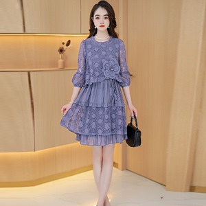 高端精致紫连衣裙女2024新款春秋夏品牌小个子蕾丝纱料假两件套装