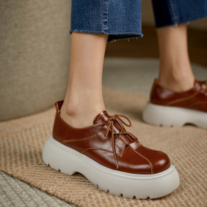 恬丽复古英伦系带小皮鞋女2021春季新款厚底休闲鞋真皮松糕底女鞋
