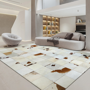 现代轻奢高级牛皮拼接地毯大格子方块客厅茶几垫卧室床边毯长方形