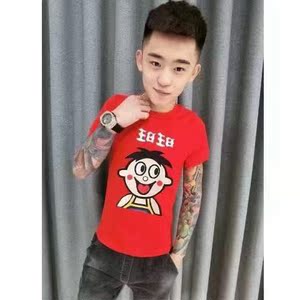 网红精神小伙套装男旺仔衣服紧身社会潮牌短袖t恤ins潮个性时尚狠