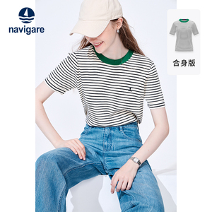 Navigare意大利小帆船圆领条纹短袖T恤女夏季针织休闲体恤海魂衫