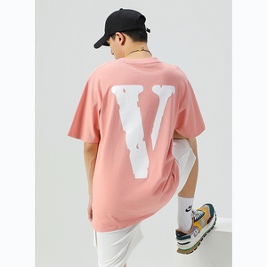 vlone迈阿密基础大v字母粉红色短袖高街宽松oversize男女同款t恤