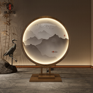 新中式实木圆形带灯屏风装饰客厅茶室入户玄关隔断酒店定制座屏