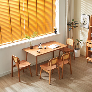 全实木餐桌家用北欧长方形吃饭桌子餐厅餐桌椅组合小户型藤编椅子