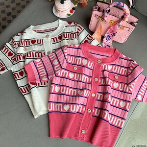 2021年夏季新款miu家粉色字母爱心针织开衫拼色条纹显瘦上衣t恤女