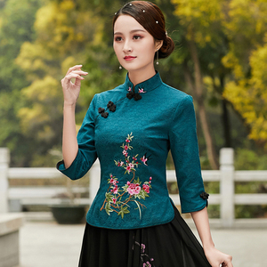 唐装女装中国风中年妈妈秋装中袖旗袍棉麻上衣七分袖秋季两件套装