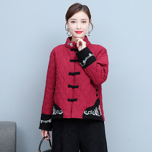 2020秋冬新款唐装短款上衣改良复古加棉外套开衫高端妈妈装棉衣女