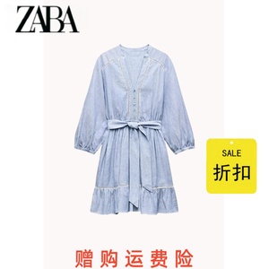 ZA女装 夏季新品蓝色V领休闲配腰带迷你长袖连衣裙 3210788 044