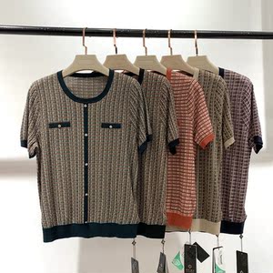 格莱蒂尔gm-163238a女装2022夏新款格子圆领短袖套头天丝针织衫