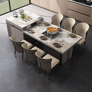 岩板岛台餐桌茶桌一体可伸缩开放式西厨房料理台多功能悬浮感岛台