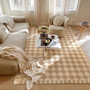 法式中古地毯客厅棋盘格短毛茶几毯卧室ins风浅卡其格子北欧地垫