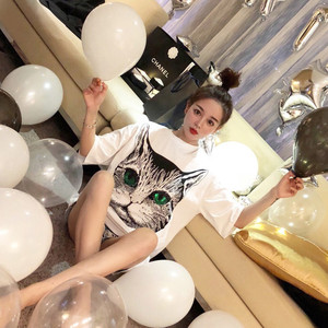 2018g家cucci同款网红半袖女酷奇猫头刺绣短袖宽松大t恤女夏失踪