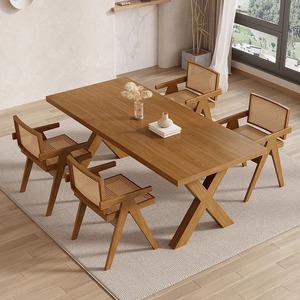 日式全实木方形家用餐桌子简约工作台纯原木头侘寂风餐厅饭桌组合