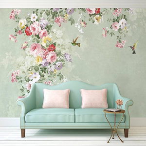 现代简约墙纸手绘壁纸美式壁画复古花卉墙布客厅电视背景墙装饰画