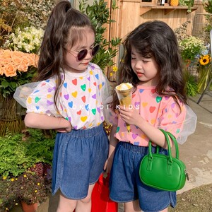 OKAIDI法国女童短袖T桖儿童夏季韩版泡泡袖网纱宝宝5时髦印花上衣